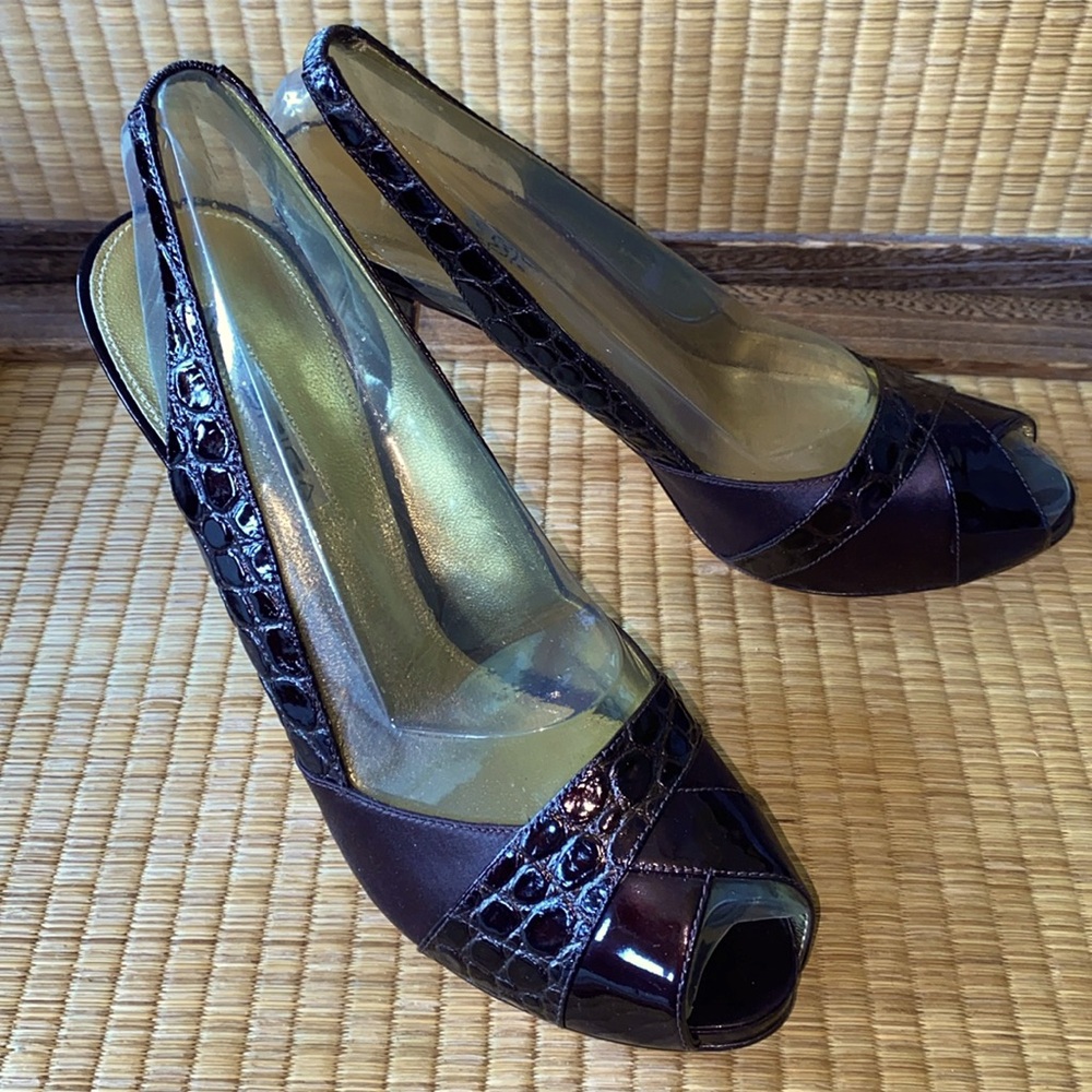 🆕VIA SPIGA- Leather&Patent Leather Brown Pumps w/Peep Toe/Slingback Sz 9 1/2